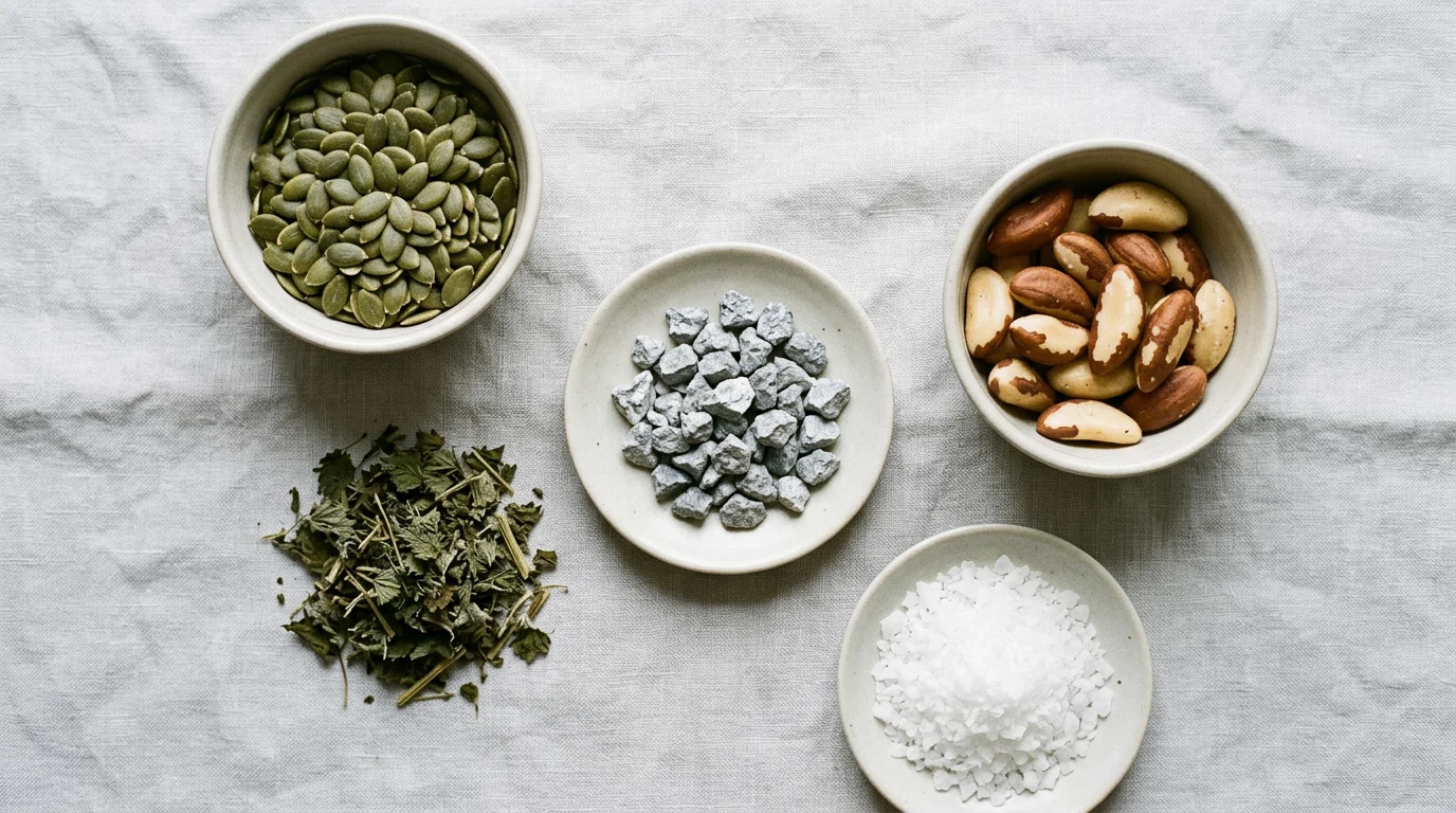 Overzicht van de natuurlijke ingrediënten van Alpha Drive: pompoenzaden, brandnetel, zink, selenium, magnesium